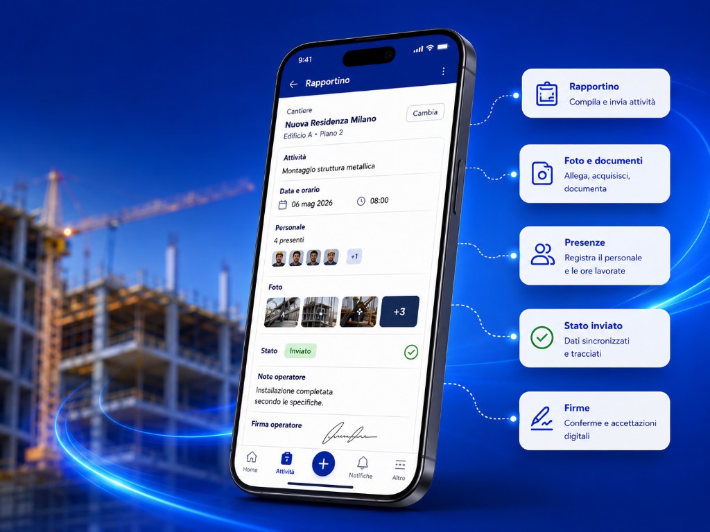 App OpsHub sul campo: rapportino digitale con cantiere, attività, foto, presenze, firma e card Rapportino, Foto e documenti, Presenze, Stato inviato, Firme.
